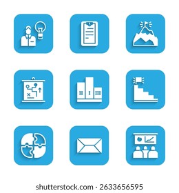 Set Award over winner podium, Envelope, Training, presentation, Stair with finish flag, Piece of puzzle, Planning strategy concept, Mountains and Human lamp bulb icon. Vector