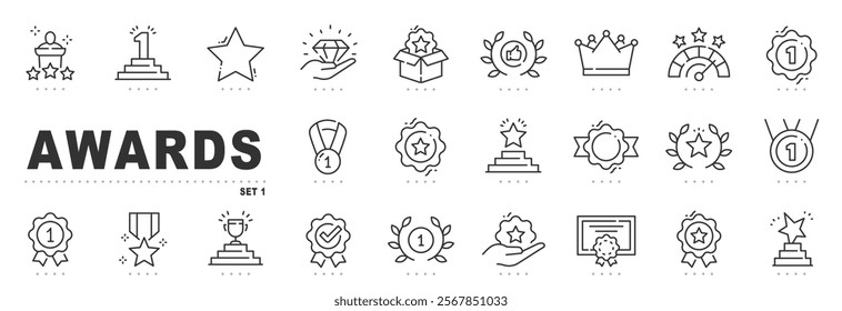 Set of award related line icons. Medal, reward, prize, trophy etc. Editable stroke.