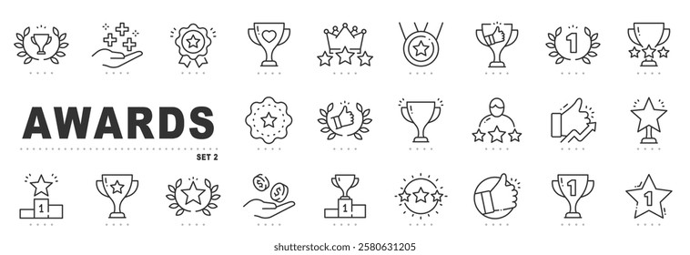 Set of award related line icons. Medal, reward, prize, trophy etc. Editable stroke. Set 2