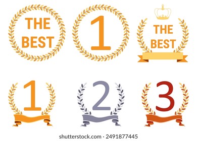 set award and ribbon, crown and rank. vector medals
