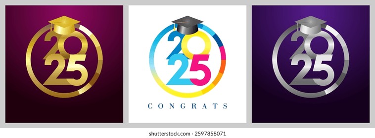 Set of awarded round symbols. Educational winner 2025 medal design. Golden, silver and colourful concept. Graduating congrats. Class of 2025 graduation badge template. Isolated advertising web button.