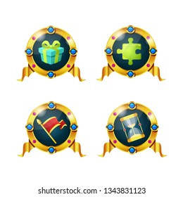 Set of awards, badges, medals of success for computer games. Game ui, ux interface design. Additional points to result, bonuses of advantage. Icons of gifts, time bonus, quick win vector illustration.