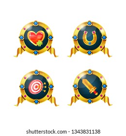 Set of awards, badges, medals of success for computer games. Game ui, ux interface design. Icons of bonus to health, luck, accuracy, horseshoe, sword vector illustration.