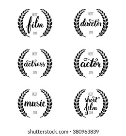 Set of awards for best film, actor, actress, director, music and short film with wreath and 2016 text. Black color film award wreaths isolated on the white background.