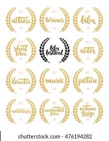 Set Of Awards For Best Film, Actor, Actress, Director, Music, Picture, Winner And Short Film With Wreath And 2016 Text. Black And Golden Color Film Award Wreaths Isolated On The White Background.