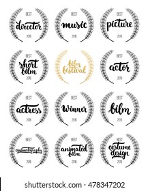 Set of awards for best film, actor, actress, director, music, picture, winner and short film with wreath and 2016 text. Black and golden color film award wreaths isolated on the white background.
