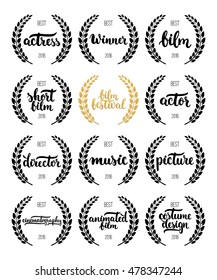 Set of awards for best film, actor, actress, director, music, picture, winner and short film with wreath and 2016 text. Black and golden color film award wreaths isolated on the white background.