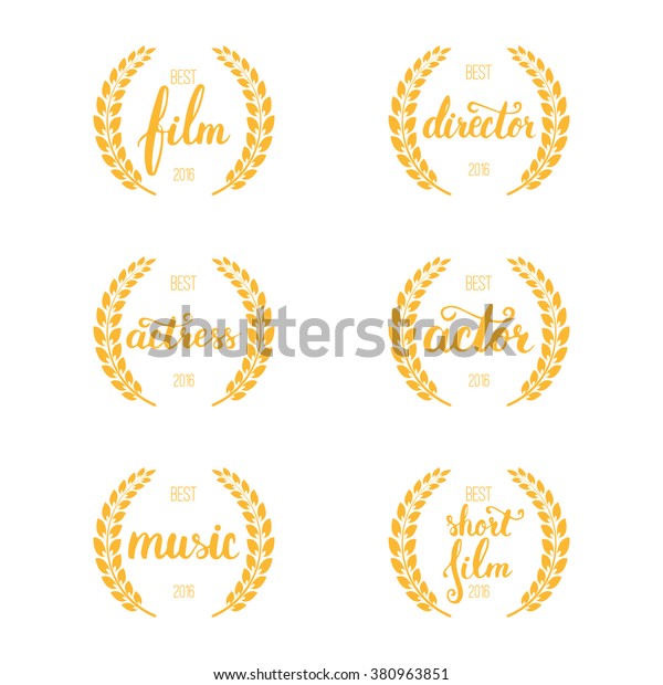 Set of awards for best\
film, actor, actress, director, music and short film with golden\
wreath and 2016 text. Gold film award wreaths isolated on the white\
background.