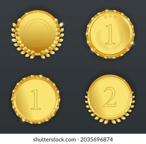 Set of awards. Collection of gold medals. Reward for winning competition, longawaited dream. Graphic elements for website and printing on paper. Flat vector illustration isolated on dark background
