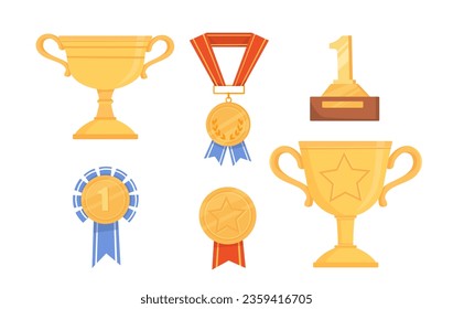 Set of awards concept. Golden cups and medals for winners. Competition and tournaments rewards. Prize and trophy, success. Cartoon flat vector collection isolated on white background