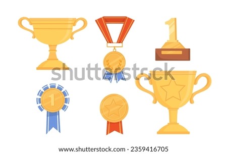 Set of awards concept. Golden cups and medals for winners. Competition and tournaments rewards. Prize and trophy, success. Cartoon flat vector collection isolated on white background