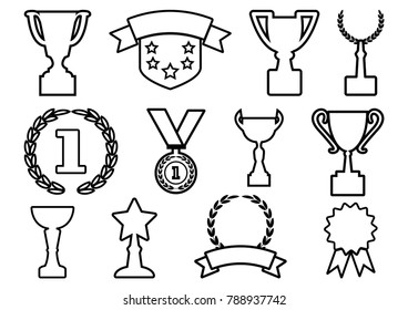 Set of awards and cups, outline design. Vector illustration