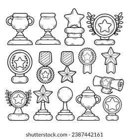 Set of awards element with hand drawn outline sketch illustration