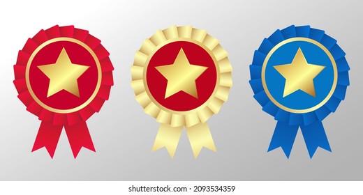 A set of awards with a gold star in the center, edged with red, gold and blue ribbons. 3 D. Vector illustration.