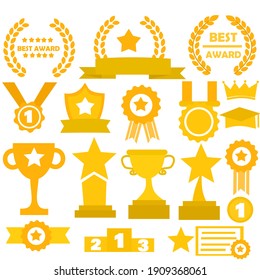 Set of awards and gold trophy cups.Laurel wreaths vector.Certificate of appreciation, award diploma icons.