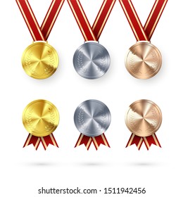 Set of Awards. Golden Silver and Bronze medals with laurel hanging on red ribbon. Award symbol of victory and success. Vector illustration isolated on white