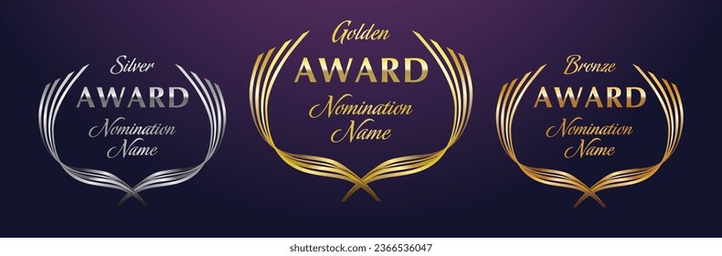 Set of awards. Golden, silver and bronze rewards. Modern design. Competitions cup elements. Isolated icons. Metallic shiny gradient. Creative shape. Vector illustration