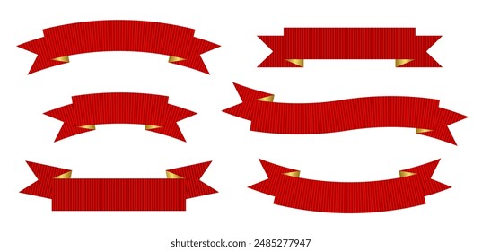Conjunto de Premios aislados cinta de seda de satén rojo, cinta de tela texturizada sobre un fondo transparente. Elemento, Plantilla para indicar la clasificación, medallas. Ilustración vectorial EPS10

