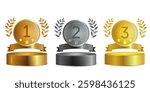 set of awards medals for first, second, third place on gold pedestals