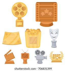 A set of awards for the movie viewings. Gold, silver and bronze awards to the Director, the actor. Moovie awards icon in set collection on cartoon style vector symbol stock illustration.
