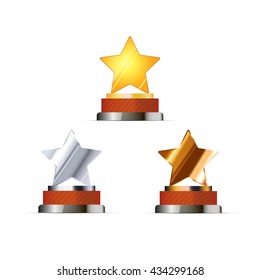 Set of awards for winners with golden, silver and bronze stars isolated on white