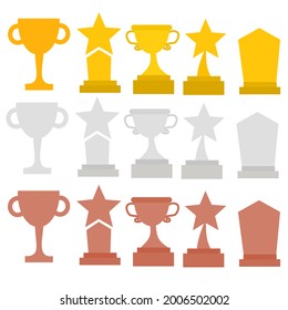 Set of awards for winners.Collection of trophy gold cups.Certificate of appreciation, award diploma icons.Flat design.Cartoon vector illustration.Sign, symbol, icon or logo.Gold, silver and copper.