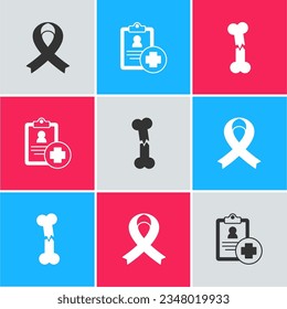 Set Awareness ribbon, Patient record and Human broken bone icon. Vector