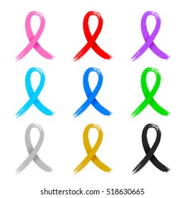 Set of awareness ribbons in 9 different colors. Paint brush style. Illustration isolated on white background.