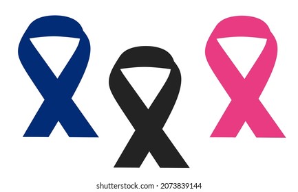 Set of awareness ribbons in three different colors Isolated illustration on white background.