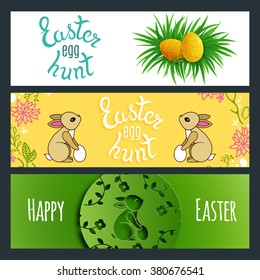 Set of Awesome Cute Easter Banners with Rabbits and Eggs. Easter Egg Hunt Game Posters.