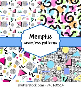 Set of awesome pop seamless vector patterns in memphis style. Lovely vector illustration and design for fabrics, textile, wallpaper and background.