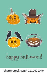 set of awesome  pumpkins  on a green background diverse scope of application.  concept is happy Halloween.