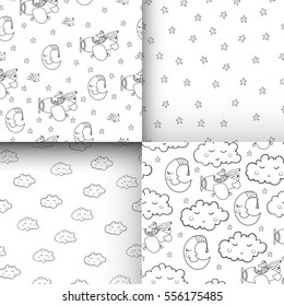 Set of awesome seamless pattern with cartoon crescent, stars, clouds and cute fox pilot on the aircraft. For textile, bedroom interiors: wallpaper, pillow, blanket, pajamas. Good for restful sleep.