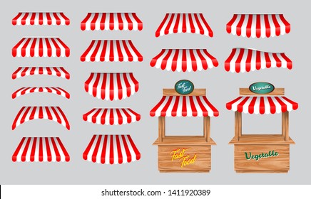 set of awing with wooden market stand stall and various kiosk, with red and white striped awning isolated. easy to modify