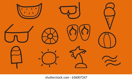 Set of awkward funny childish simple abstract summer symbols - doodle icons