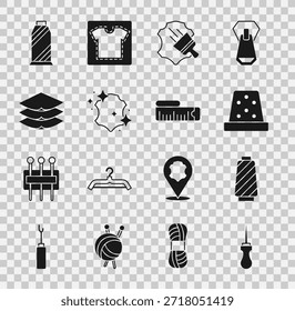 Set Awl tool, Sewing thread on spool, Thimble for sewing, Leather, Layers clothing textile,  and Tape measure icon. Vector