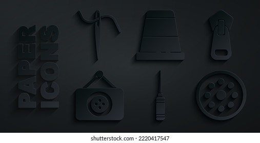 Herramienta Set Awl, Zipper, Tienda Tailora, botón de costura, Ligero para coser y Aguja con icono de hilo. Vector