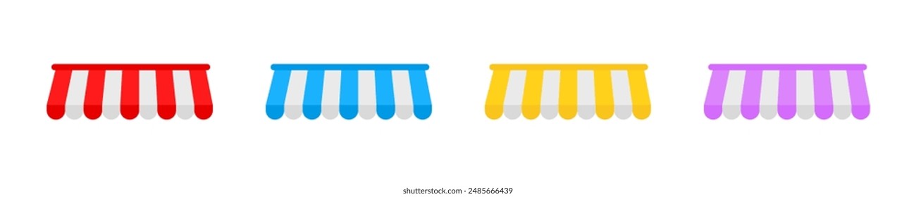Set of awning shops vector icons. Storefront on striped. Canopy or tent kiosk.