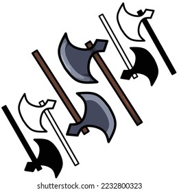 conjunto de colección de armas de hacha, aislado en blanco. arma, herramienta, hacha, construcción, leñador, artesanía, hombre de mano, hacha cruzada. ilustración vectorial