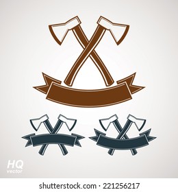 Set of axes crossed vector illustrations, garden tool symbols. Graphic eps8 instrument icons, two hatchets crossed.