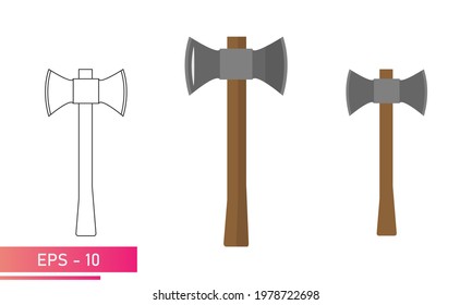 Set of axes with wooden handle, double-sided axe. Realistic and linear design. On a white background. Tools for the forester and woodcutter. Flat vector illustration.