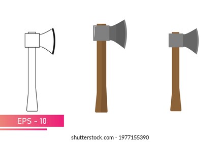 A set of axes with a wooden handle. Realistic and linear design. On a white background. Tools for the forester and woodcutter. Flat vector illustration.