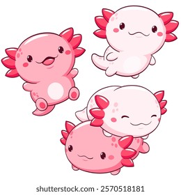 Set of axolotl in kawaii style. Lovely axolotl baby in different poses. Cute axolotl expression sheet collection. Can be used for t-shirt print, sticker, greeting card. Vector illustration EPS8