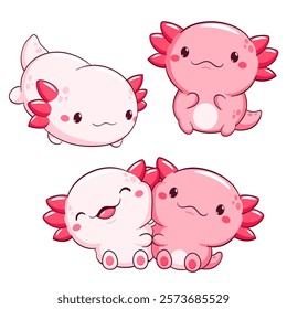 Set of axolotl in kawaii style. Lovely axolotl baby in different poses. Cute axolotl expression sheet collection. Can be used for t-shirt print, sticker, greeting card. Vector illustration EPS8