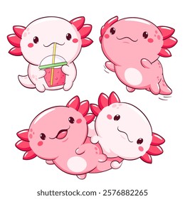 Set of axolotl in kawaii style. Lovely axolotl baby in different poses. Cute axolotl expression sheet collection. Can be used for t-shirt print, sticker, greeting card. Vector illustration EPS8