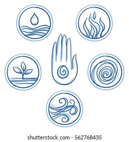 Set of ayurveda symbols of different elements, doshas and body types. Hand drawn line art cartoon vector illustration.