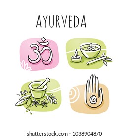 Set of ayurveda and wellness symbols. Hand drawn cartoon sketch vector illustration, marker style coloring  on tiles. 
