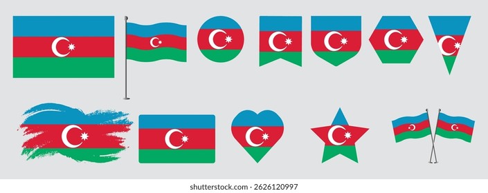 Conjunto de bandera de Azerbaiyán. Conjunto de diseño de Vector de bandera nacional con Formas populares y pincel. Ilustración vectorial de la bandera de Azerbaiyán