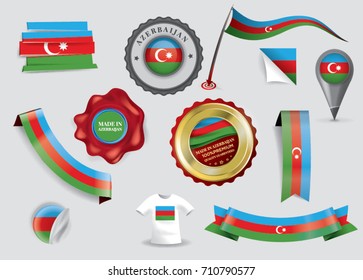 Set of Azerbaijan Flag sticker, label, ribbon and icons.