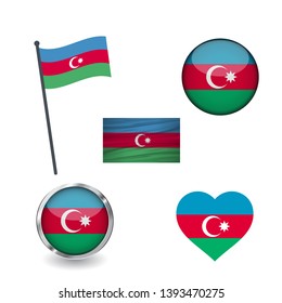 Set of azerbaijan flags, waving, buttons with different shapes. collection of label, stickers, heart, badge, flagpole on design element. isolated on white background.